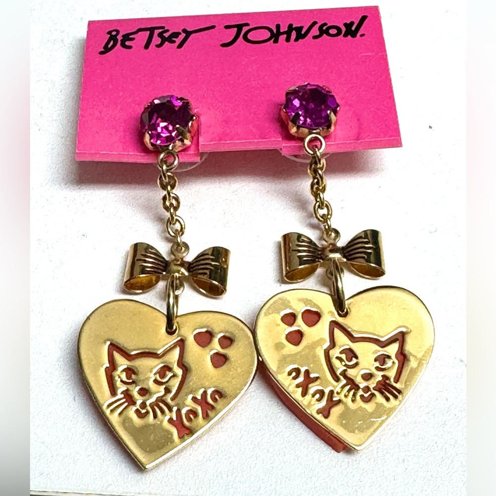 Betsey Johnson Heart Cat Dangle Earrings Gold & Orange Rare XOXO - Picture 6 of 8